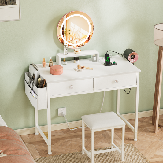 Tydimor Vanity Desk with Mirror & Lights, GRWM Vanity with Drawers & Storage Shelves, Makeup Dressing Table with Stool & Charging, White