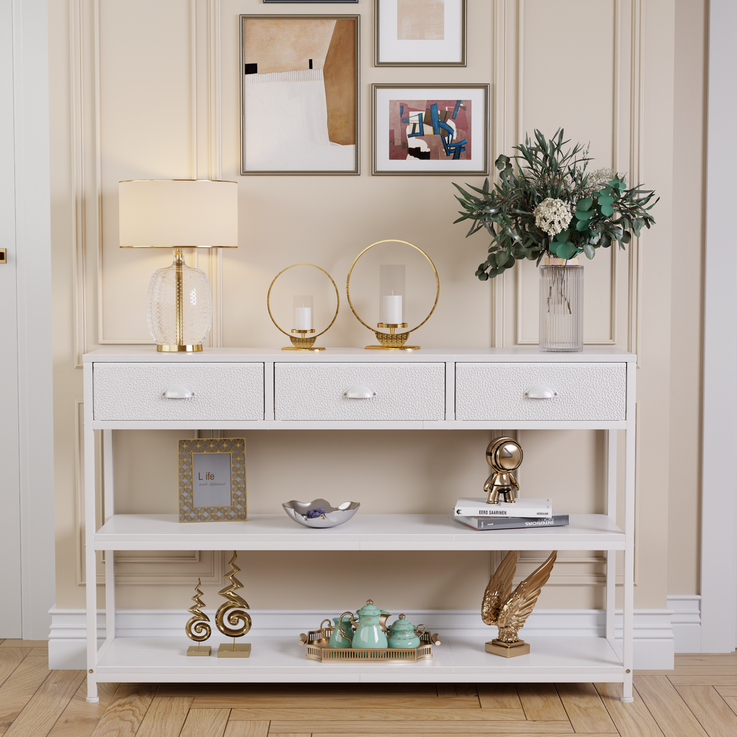 Satifur 47" Entryway Table with 4 Fabric Drawers, Console Table Metal Frame Sofa Table with 2 Shelves for Living Room and Hallway, White