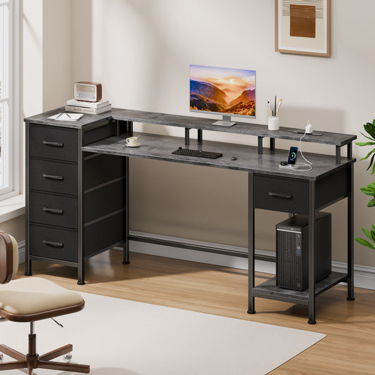 Satifur Gaming Desk with LED Lights & Power Outlets, 55" Computer Desk with 5 Fabric Drawers & Open Storage, Reversible Home Office Desk,Grey