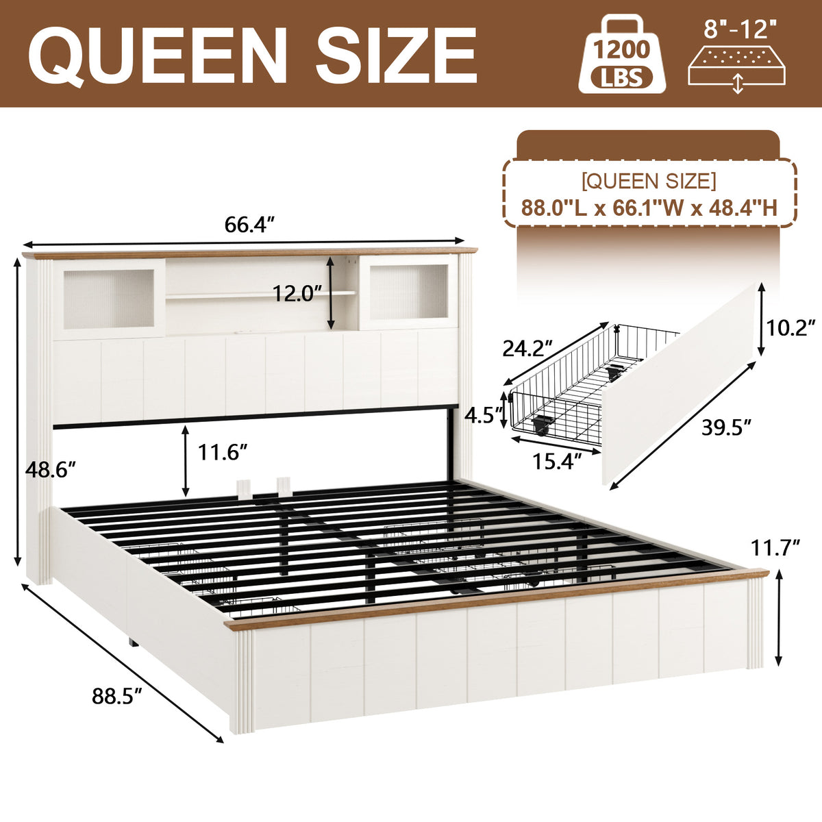 Satifur Metal Platform Bed Frame with Storage Drawers & RGB LED Strip Light, Built‑in Charging Station, No Box Spring Needed, White & Walnut Brown