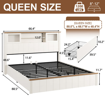 Satifur Metal Platform Bed Frame with Storage Drawers & RGB LED Strip Light, Built‑in Charging Station, No Box Spring Needed, White & Walnut Brown