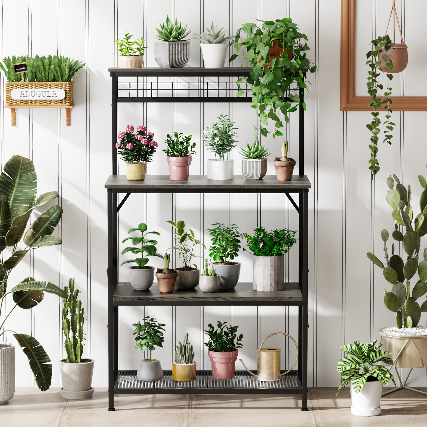 Tydimor Bakers Rack with 8 Hooks, Kitchen Microwave Stand, 4-Tier Coffee Bar Table, Space-Saving Kitchen Storage Shelf, Light Black Oak