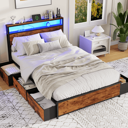 Satifur Full Bed Frame with 6 Storage Drawers, Metal Platform Bed Frame with 2-Tier Storage Headboard & LED, Built in Charging Station, Noise-Free, No Box Spring Needed, Rustic Brown