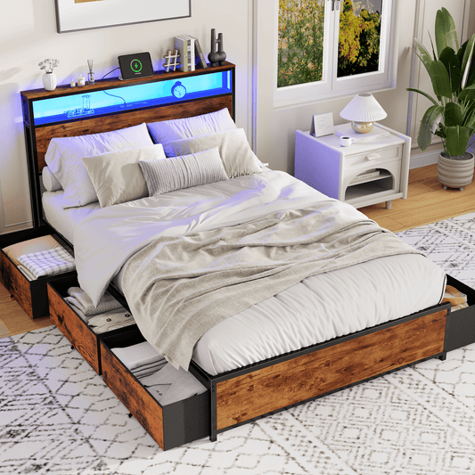 Satifur Full Bed Frame with 6 Storage Drawers, Metal Platform Bed Frame with 2-Tier Storage Headboard & LED, Built in Charging Station, Noise-Free, No Box Spring Needed, Rustic Brown