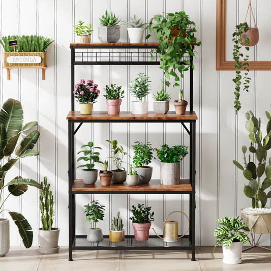 Tydimor Bakers Rack with 8 Hooks, Kitchen Microwave Stand, 4-Tier Coffee Bar Table, Space-Saving Kitchen Storage Shelf, Rustic Brown