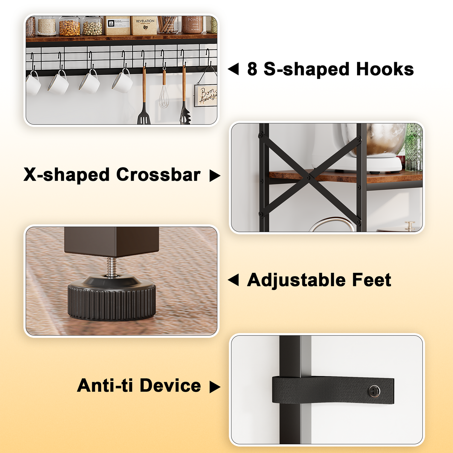 Tydimor Bakers Rack with Power Outlet, Kitchen Microwave Stand, 4-Tier Coffee Bar Table, Space-Saving Kitchen Storage Shelf, Rustic Brown