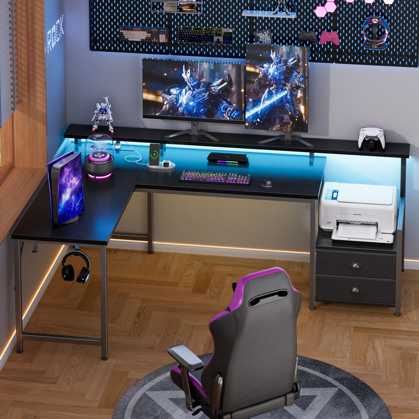 Satifur 57" L-Shaped Gaming Desk with LED Lights & Power Outlets, Computer Desk with Drawers & Printer Stand, Black