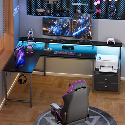 Satifur 57" L-Shaped Gaming Desk with LED Lights & Power Outlets, Computer Desk with Drawers & Printer Stand, Black