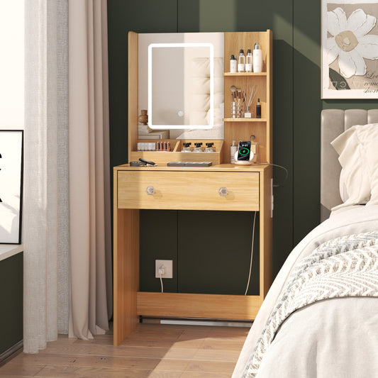 Satifur Vanity Desk with Mirror & Lights, GRWM Vanity with Drawers & Storage Shelves, Makeup Dressing Table with Charging, Nature