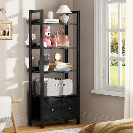 Satifur 5 Tier Black Bookshelf with 2 Removable Drawers, Freestanding Storage Shelf, Adjustable Feet & Anti-Tip Design, Waterproof Shelves for Living Room, Home Office