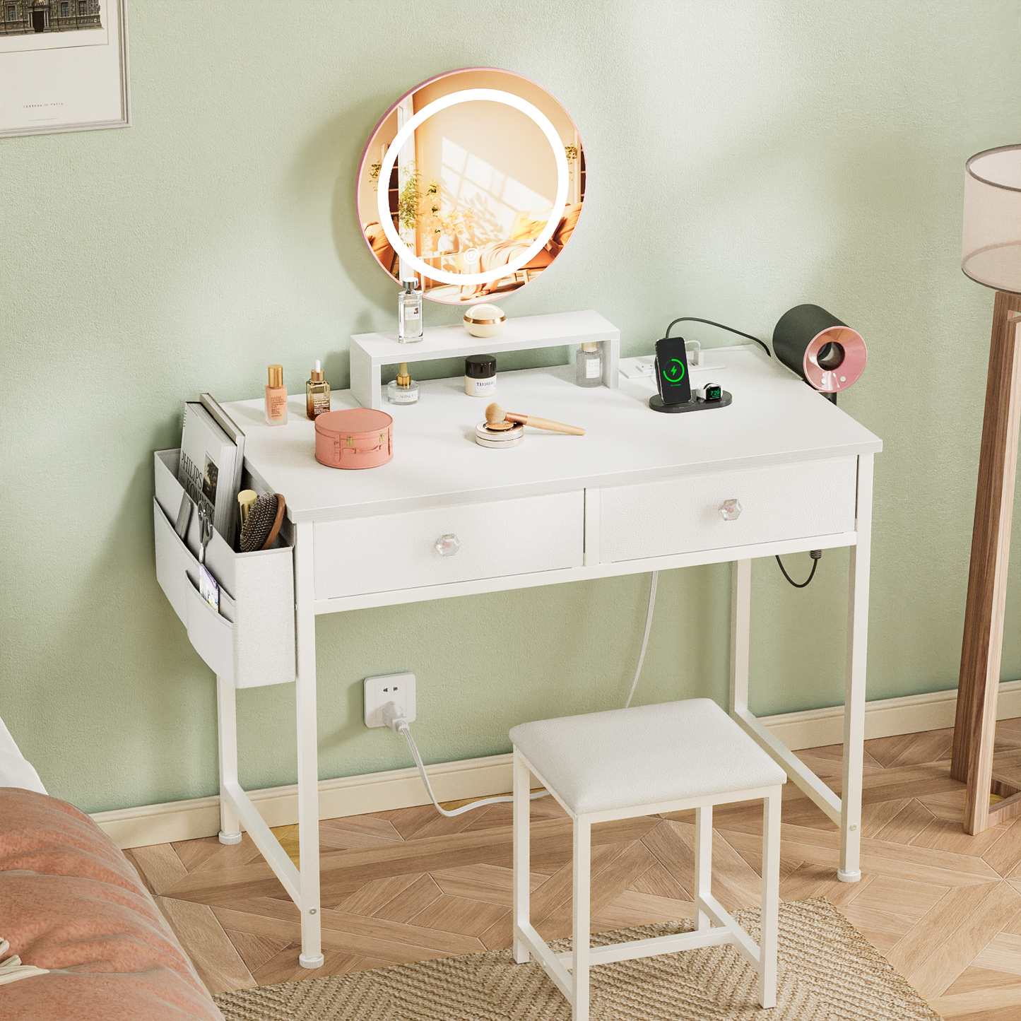 Satifur Vanity Desk with Mirror & Lights, GRWM Vanity with Drawers & Storage Shelves, Makeup Dressing Table with Stool & Charging, White