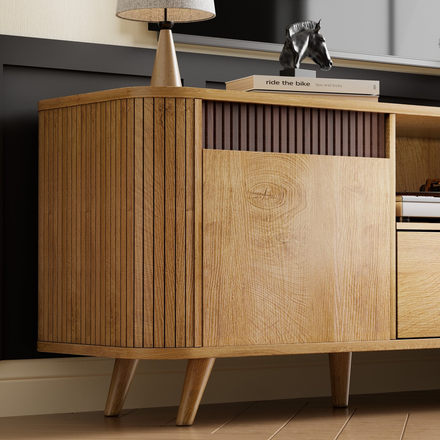Tydimor TV Stands with Power Outlets, Entertainment Center Dresser for Living Room, Media Console Table with 2 Cabinets & 1 Drawer, Natural