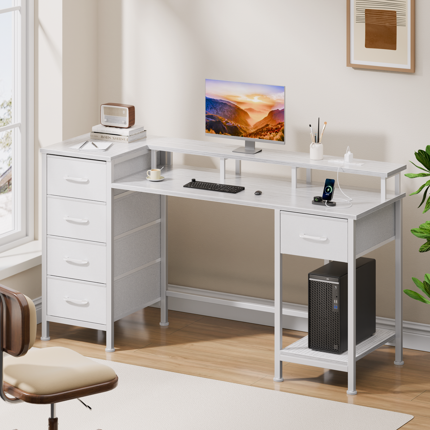 Satifur Gaming Desk with LED Lights & Power Outlets, 47" Computer Desk with 5 Fabric Drawers & Open Storage, Reversible Home Office Desk,White