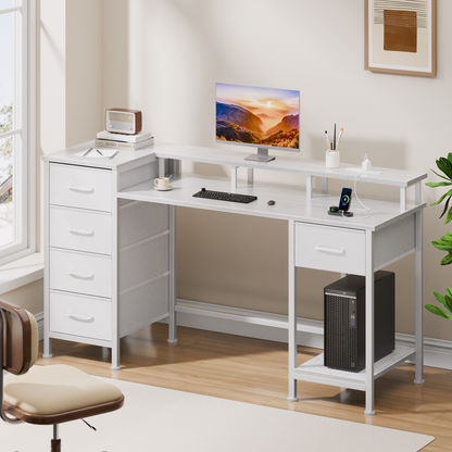 Satifur Gaming Desk with LED Lights & Power Outlets, 47" Computer Desk with 5 Fabric Drawers & Open Storage, Reversible Home Office Desk,White