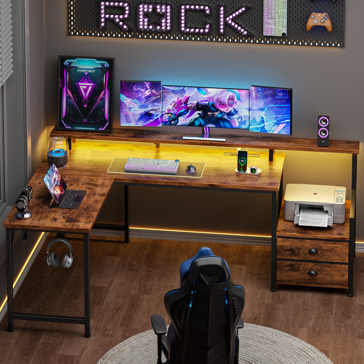 Satifur 66" L-Shaped Gaming Desk with LED Lights & Power Outlets, Computer Desk with Drawers & Printer Stand, Rustic Brown
