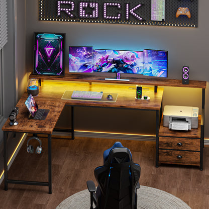 Satifur 66" L-Shaped Gaming Desk with LED Lights & Power Outlets, Computer Desk with Drawers & Printer Stand, Rustic Brown
