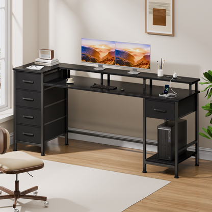 Satifur Gaming Desk with LED Lights & Power Outlets, 66" Computer Desk with 5 Fabric Drawers & Open Storage, Reversible Home Office Desk,Black
