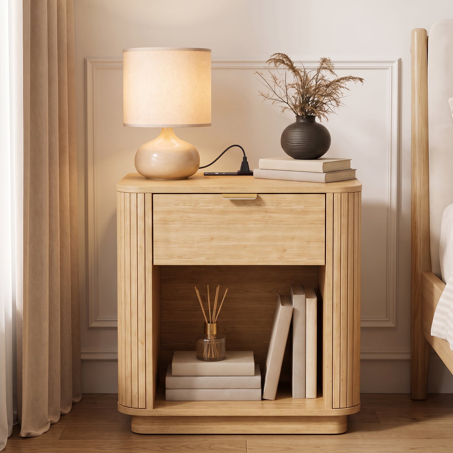 Satifur Wooden Nightstand with Charging Station Set of 2, 1 Drawer Fluted Night Stands with Storage, Modern Bedside Table Set of 2 for Bedroom, Natural