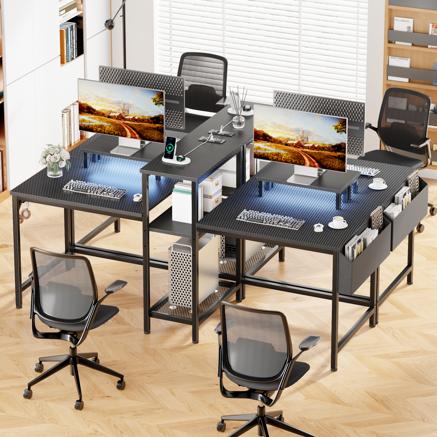 Satifur 71 Inch 2 Person Gaming Desk with Storage Shelves, Double Home Office Computer Writing Desks with USB Charging Port & LED Lights,Black