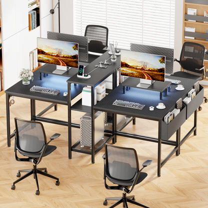 Satifur 71 Inch 2 Person Gaming Desk with Storage Shelves, Double Home Office Computer Writing Desks with USB Charging Port & LED Lights,Black