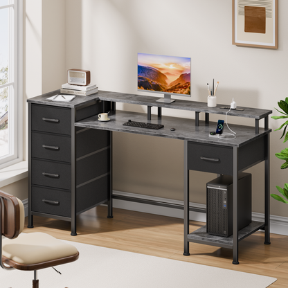 Satifur Gaming Desk with LED Lights & Power Outlets, 47" Computer Desk with 5 Fabric Drawers & Open Storage, Reversible Home Office Desk,Grey