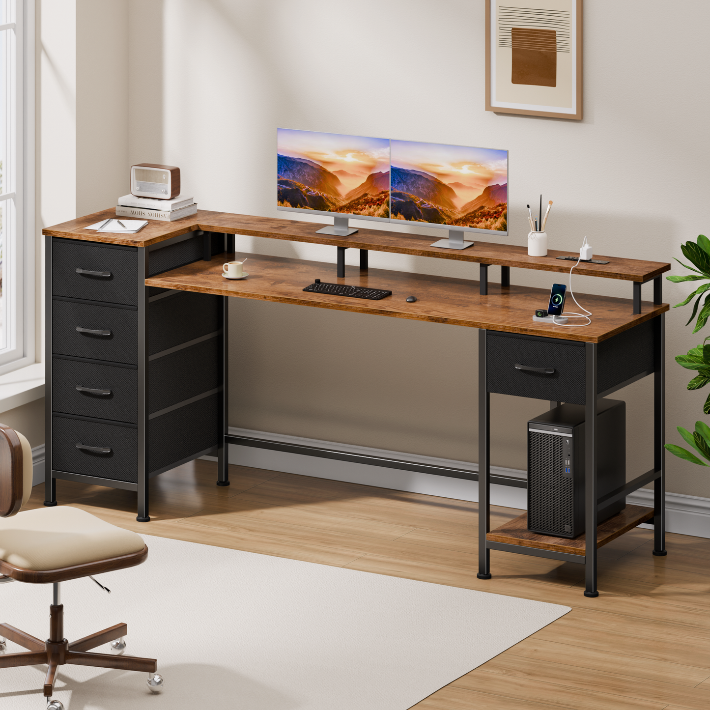 Satifur Gaming Desk with LED Lights & Power Outlets, 61" Computer Desk with 5 Fabric Drawers & Open Storage, Reversible Home Office Desk,Retro Brown