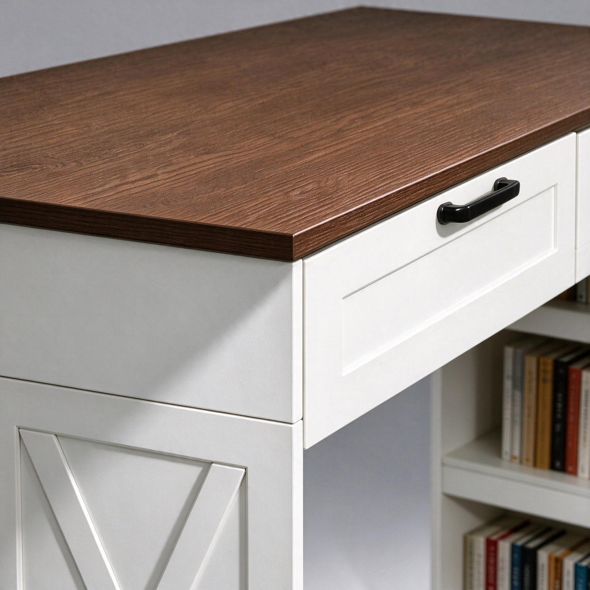 Satifur 55 inch Farmhouse Computer Desk with Power Outlet, Home Office Desk with 3 Drawers & Storage Cabinet, Walnut Brown and White