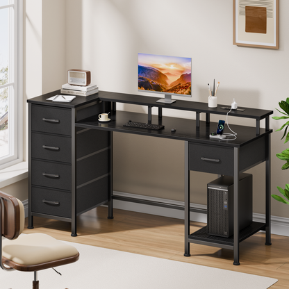 Satifur Gaming Desk with LED Lights & Power Outlets, 47" Computer Desk with 5 Fabric Drawers & Open Storage, Reversible Home Office Desk,Black