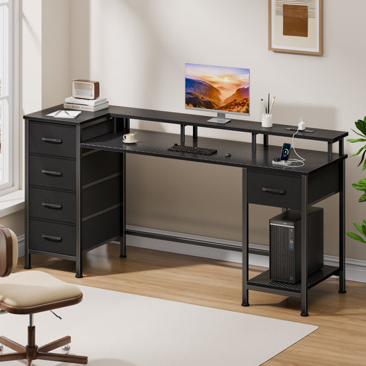 Satifur Gaming Desk with LED Lights & Power Outlets, 55" Computer Desk with 5 Fabric Drawers & Open Storage, Reversible Home Office Desk,Carbon Fiber Black