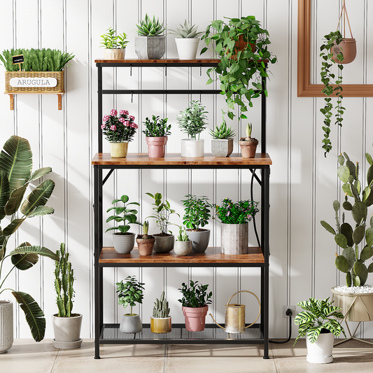 Tydimor Bakers Rack with Power Outlet, Kitchen Microwave Stand, 4-Tier Coffee Bar Table, Space-Saving Kitchen Storage Shelf, Rustic Brown