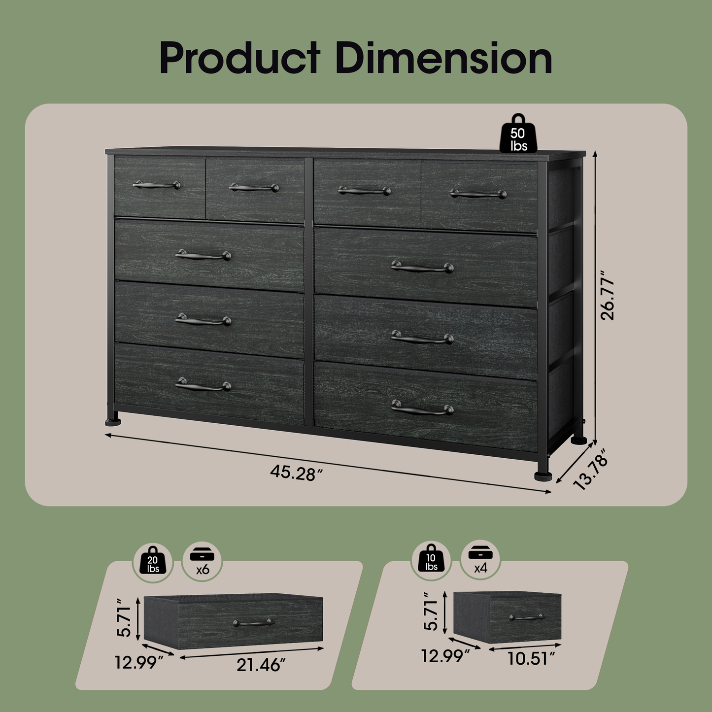 Tydimor Fabric Storage Dresser with 10 Drawers for Bedroom, Modern Wide Chest for Living Room, Black Oak