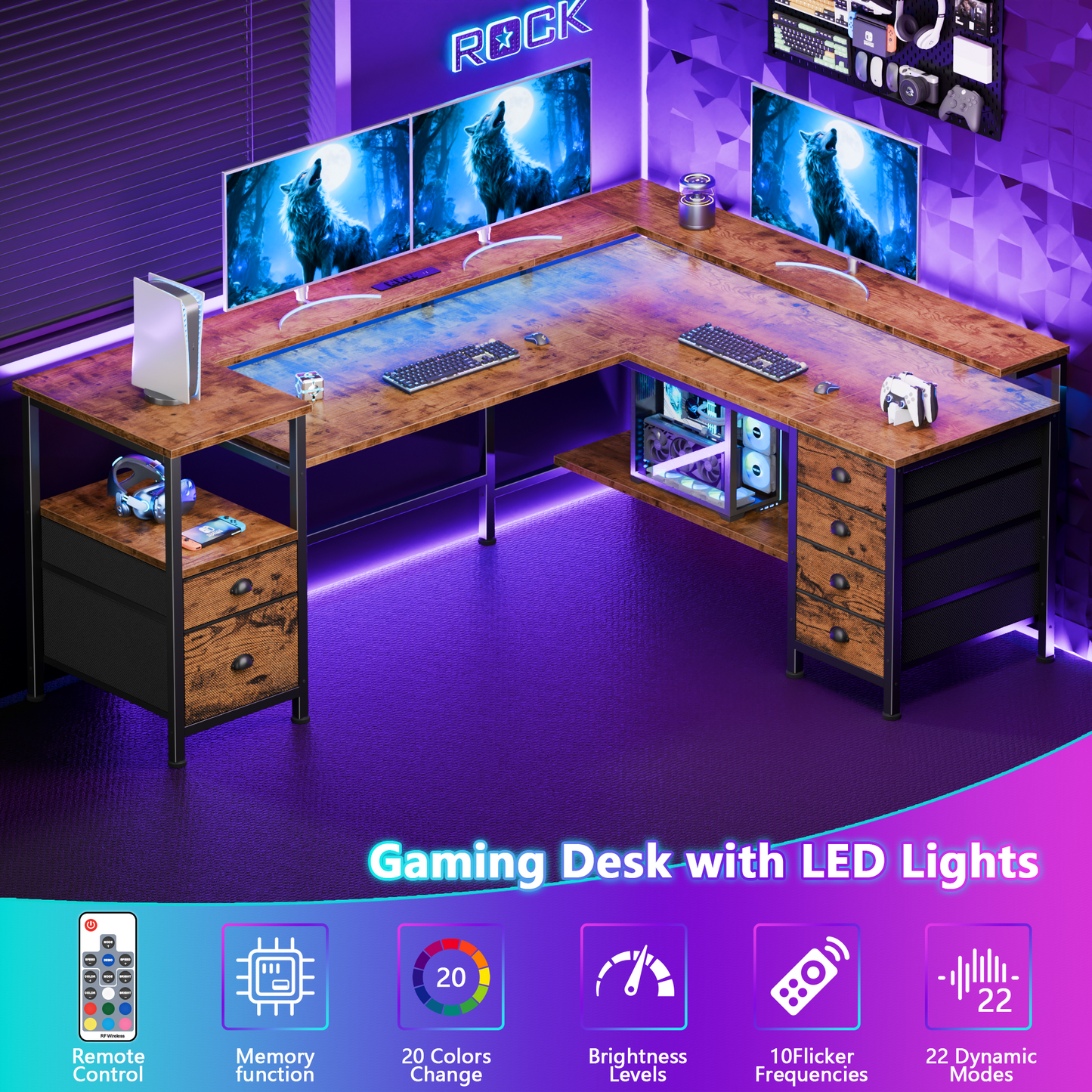 Sarifur L Shaped Computer Desk with Charging Station and LED Lights, 66 inch PC Table Study Desk 6 Drawers for Bedroom,Office Rustic Brown