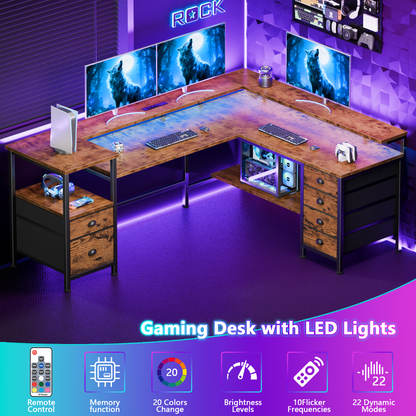 Sarifur L Shaped Computer Desk with Charging Station and LED Lights, 66 inch PC Table Study Desk 6 Drawers for Bedroom,Office Rustic Brown