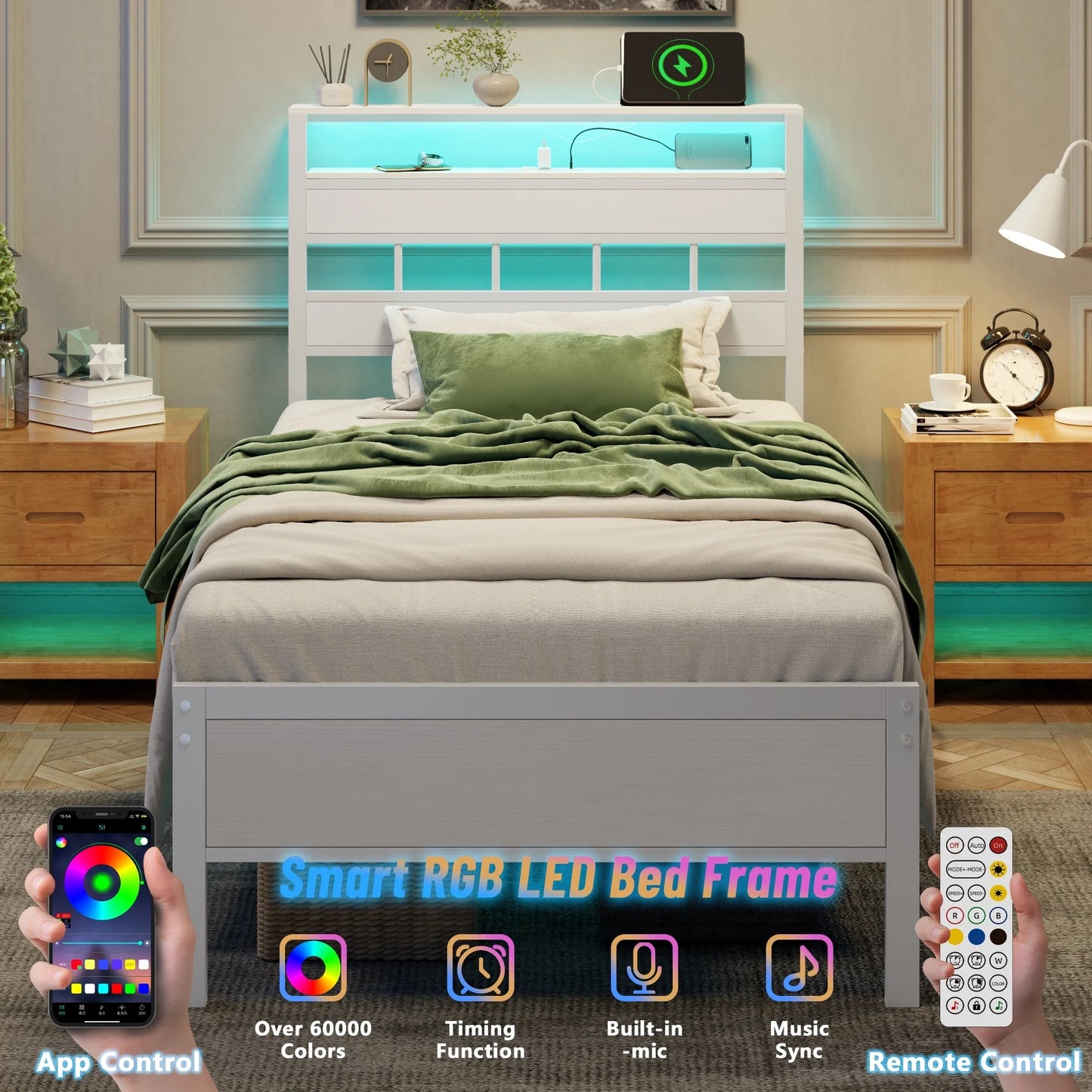 Satifur Twin Bed Frames with Charging Station and LED Lights, Twin Size Platform Bed with Wood Headboard & 2-Tier Storage Shelves, No Box Spring Needed, White