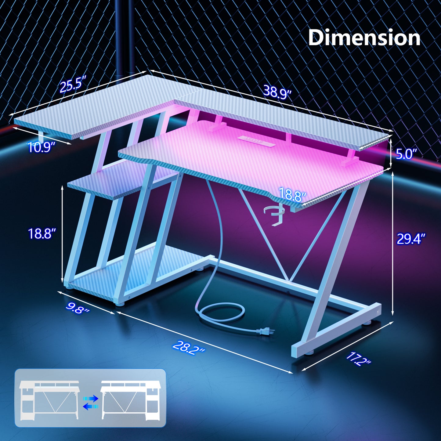 Satifur 39" Pro L-Shaped Gaming Desk White, RGB LED, Power Hub & Monitor Riser for Ultimate Setup