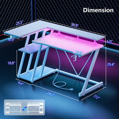 Satifur 39" Pro L-Shaped Gaming Desk White, RGB LED, Power Hub & Monitor Riser for Ultimate Setup