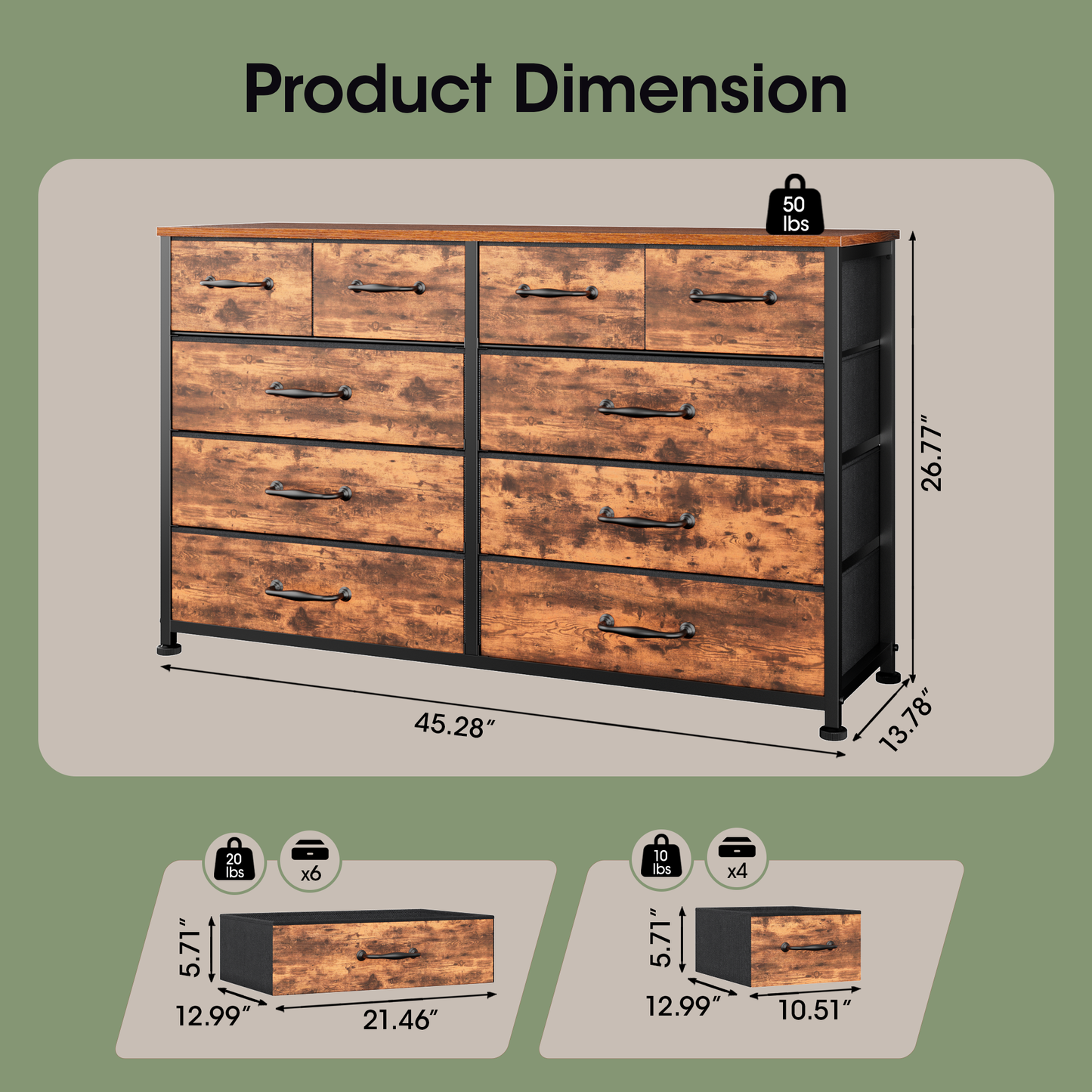 Tydimor Fabric Storage Dresser with 10 Drawers for Bedroom, Modern Wide Chest for Living Room, Rustic Brown