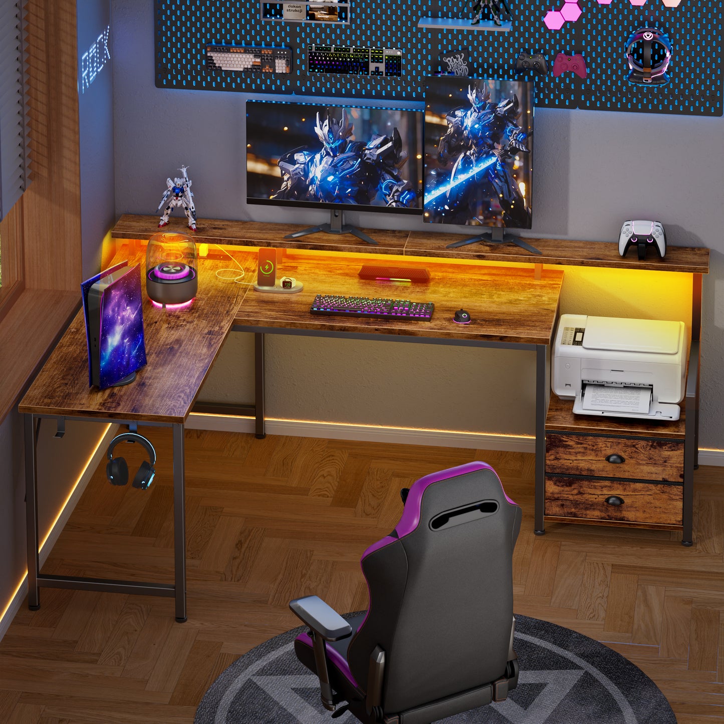Satifur 57" L-Shaped Gaming Desk with LED Lights & Power Outlets, Computer Desk with Drawers & Printer Stand, Rustic Brown