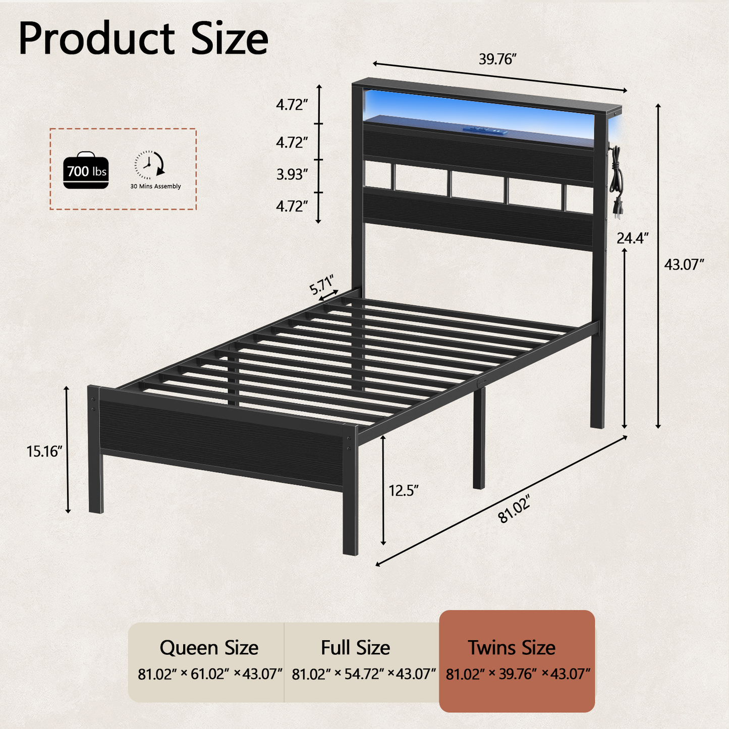 Satifur Twin Size Bed Frame with Storage Headboard and LED Light, Platform Bed with Metal Slats, Noise Free Design