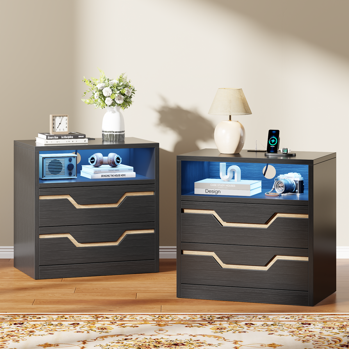 Satifur Charging Nightstand with Power Strip, Bedside Table with 2 Drawers & Open Shelf, Modern End Table with USB & Type-C Ports for Living Room, Black