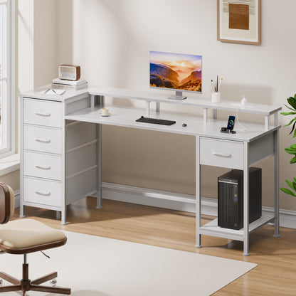 Satifur Gaming Desk with LED Lights & Power Outlets, 55" Computer Desk with 5 Fabric Drawers & Open Storage, Reversible Home Office Desk,White