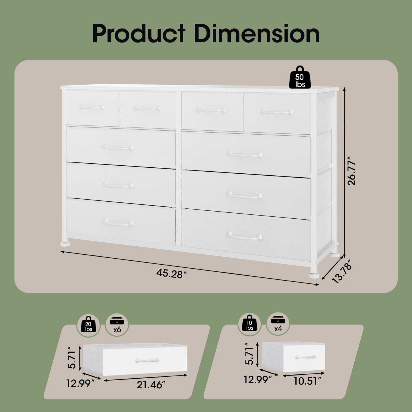Tydimor Fabric Storage Dresser with 10 Drawers for Bedroom, Modern Wide Chest for Living Room, White