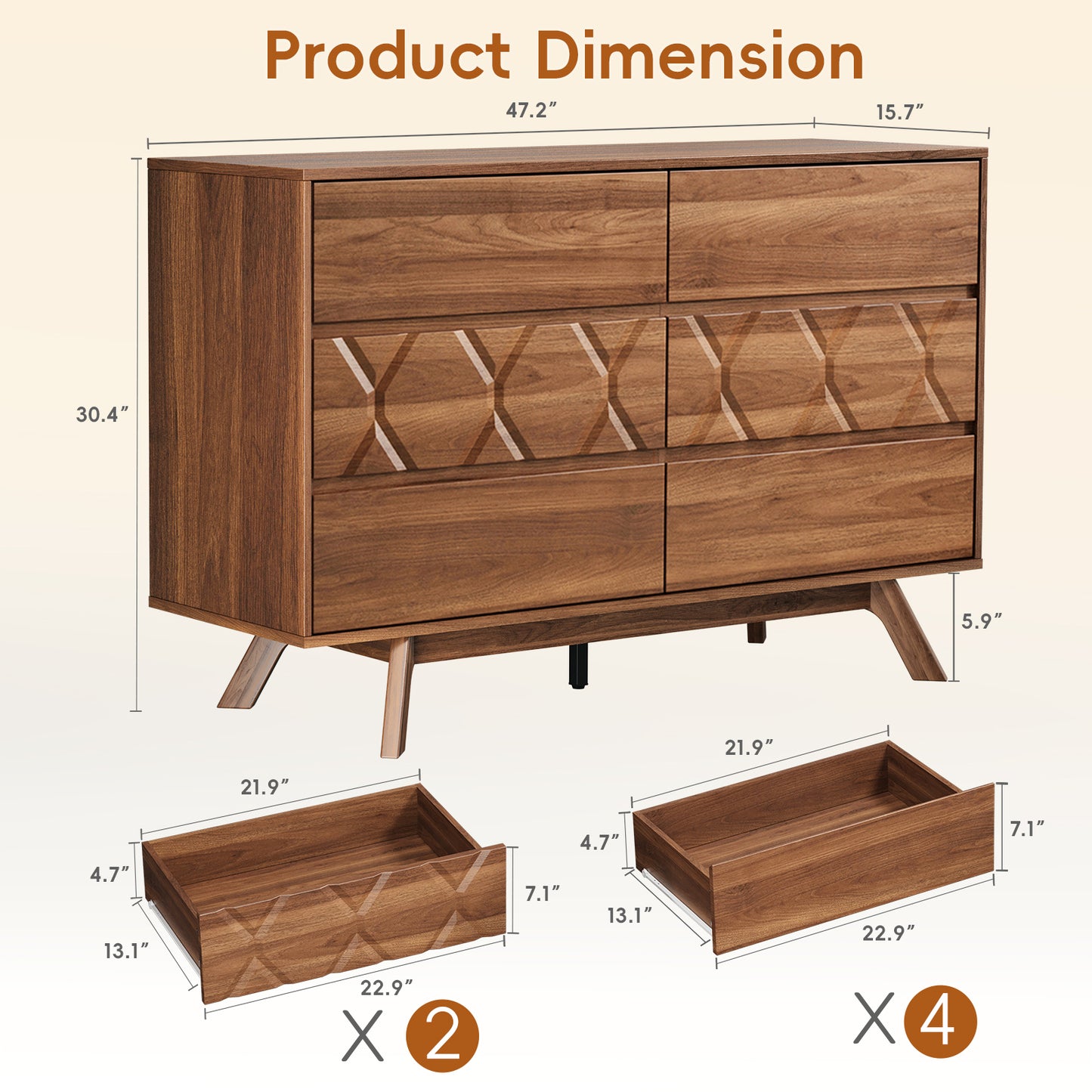 Tydimor 6 Drawer Wooden Geometric Dresser, 47" Wide Mid Century Textured Chest of Drawers, Bedroom Storage Cabinet & TV Stand, Walnut