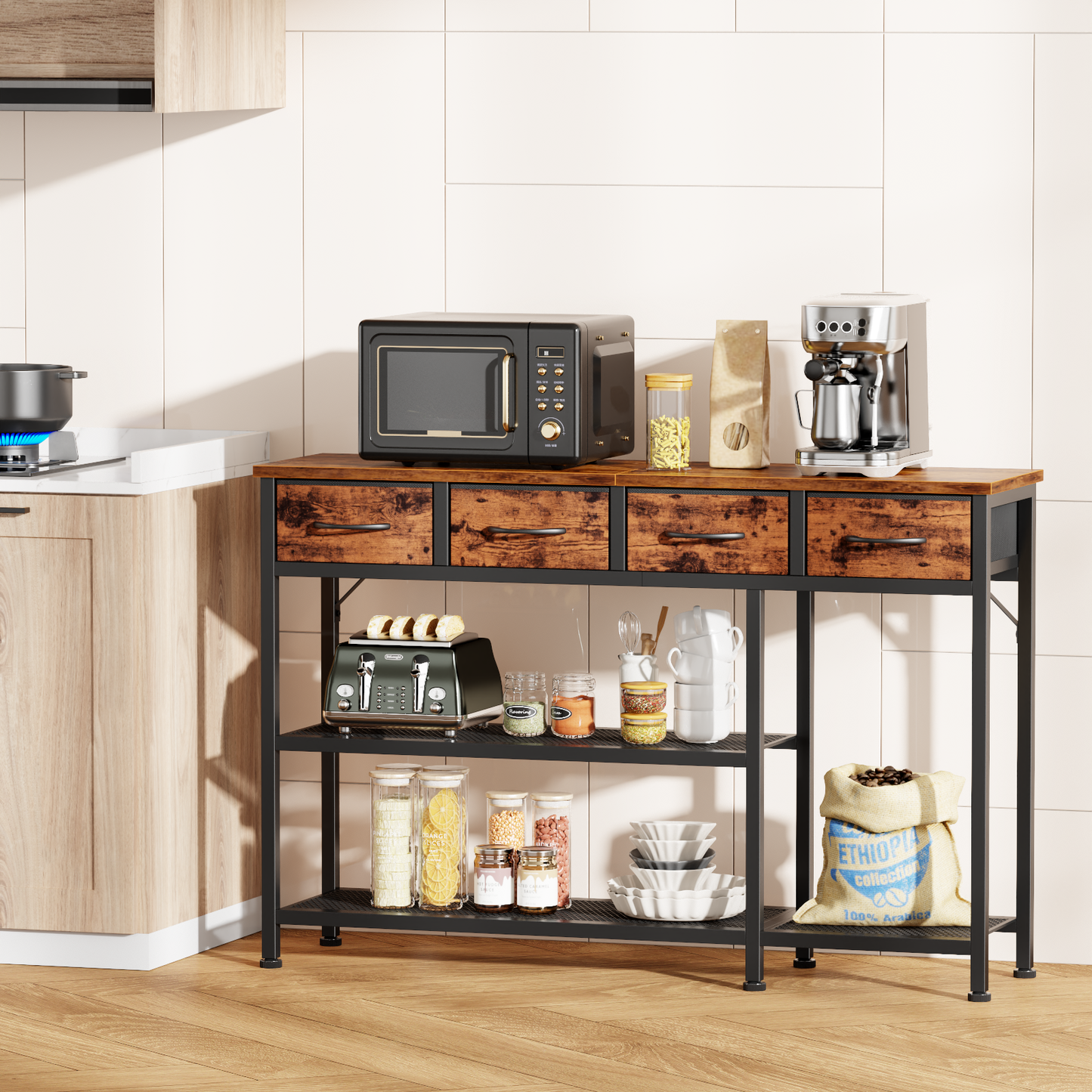 Satifur 47" Entryway Table with 4 Fabric Drawers, Console Table Metal Frame Sofa Table with 3 Shelves for Living Room and Hallway, Rustic Brown