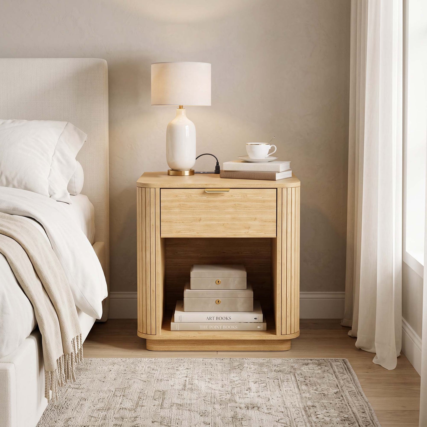 Satifur Wooden Nightstand with Charging Station, 1 Drawer Fluted Night Stand with Storage, Modern Bedside Table End Table for Bedroom Living Room, Natural