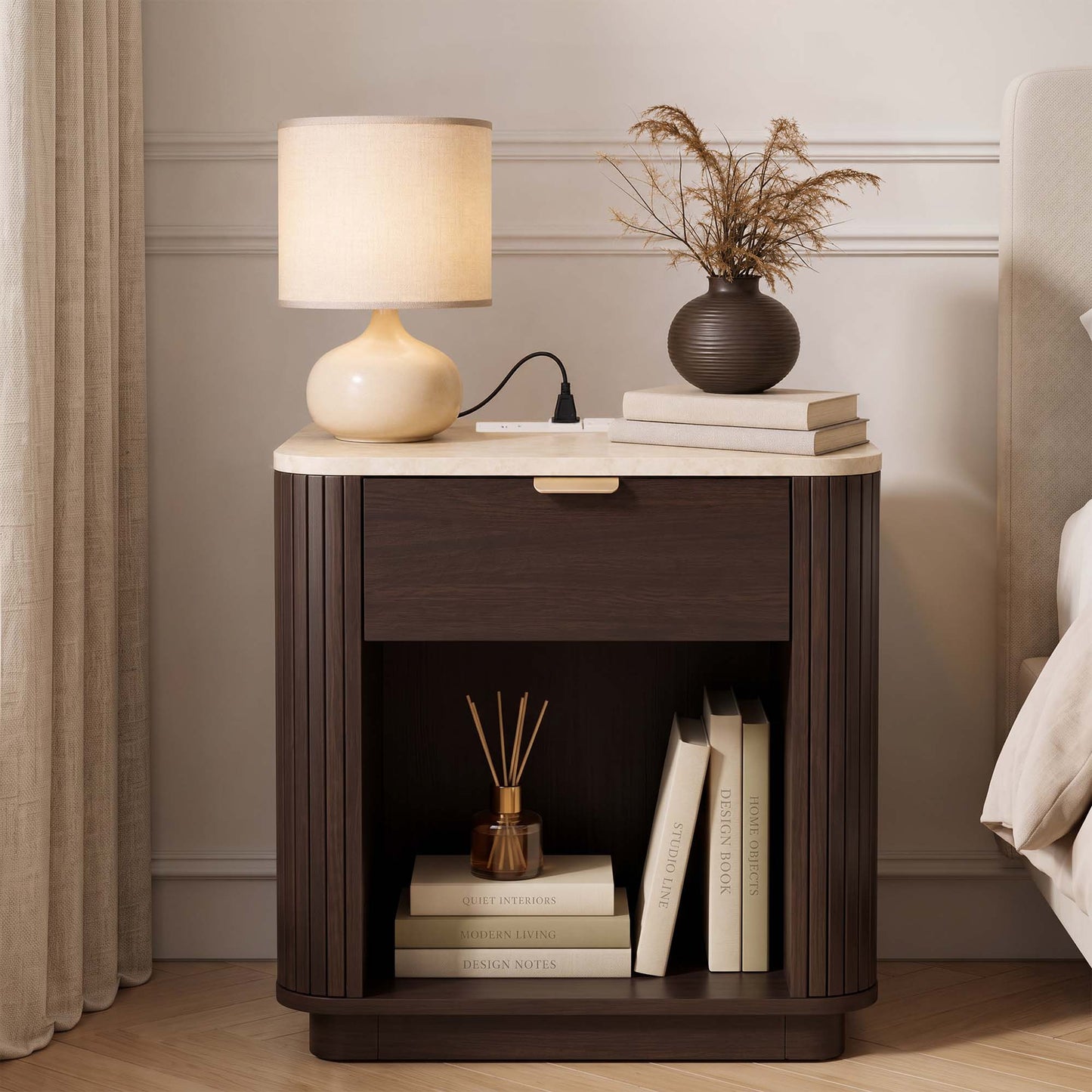 Satifur Wooden Nightstand with Charging Station, 1 Drawer Fluted Night Stand with Storage, Modern Bedside Table End Table for Bedroom Living Room, Walnut