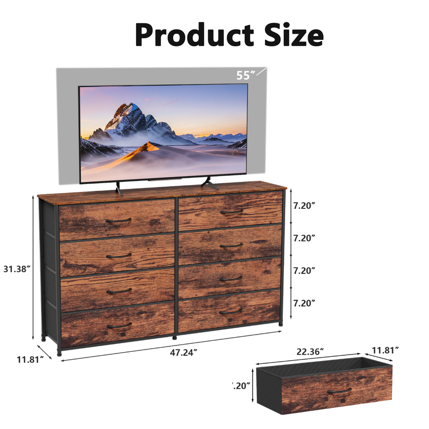 Tydimor 8 Fabric Drawers Dressers for Bedroom Wide Dresser TV Stand for 55" TVs, Chest of Drawers, Rustic Brown