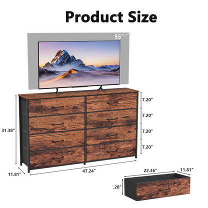Tydimor 8 Fabric Drawers Dressers for Bedroom Wide Dresser TV Stand for 55" TVs, Chest of Drawers, Rustic Brown