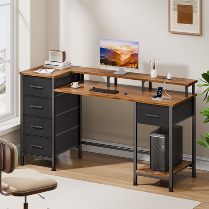 Satifur Gaming Desk with LED Lights & Power Outlets, 47" Computer Desk with 5 Fabric Drawers & Open Storage, Reversible Home Office Desk,Retro Brown