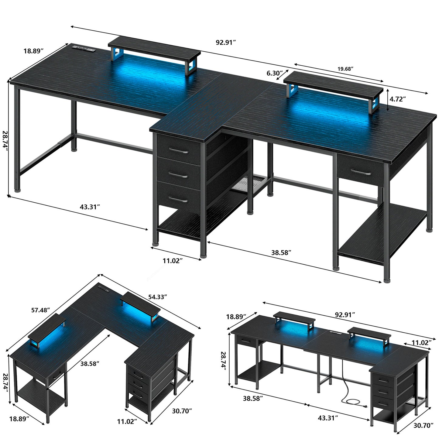 Satifur Computer Desk with Power Outlet & LED Light, Home Office Writting Desk for 2 Person 93" with Drawers & Monitor Stands, Black